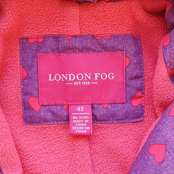 Girls 4T London Fog Hooded Jacket Coat Fleece Lined Pockets Purple & Pink Hearts - Picture 7 of 10